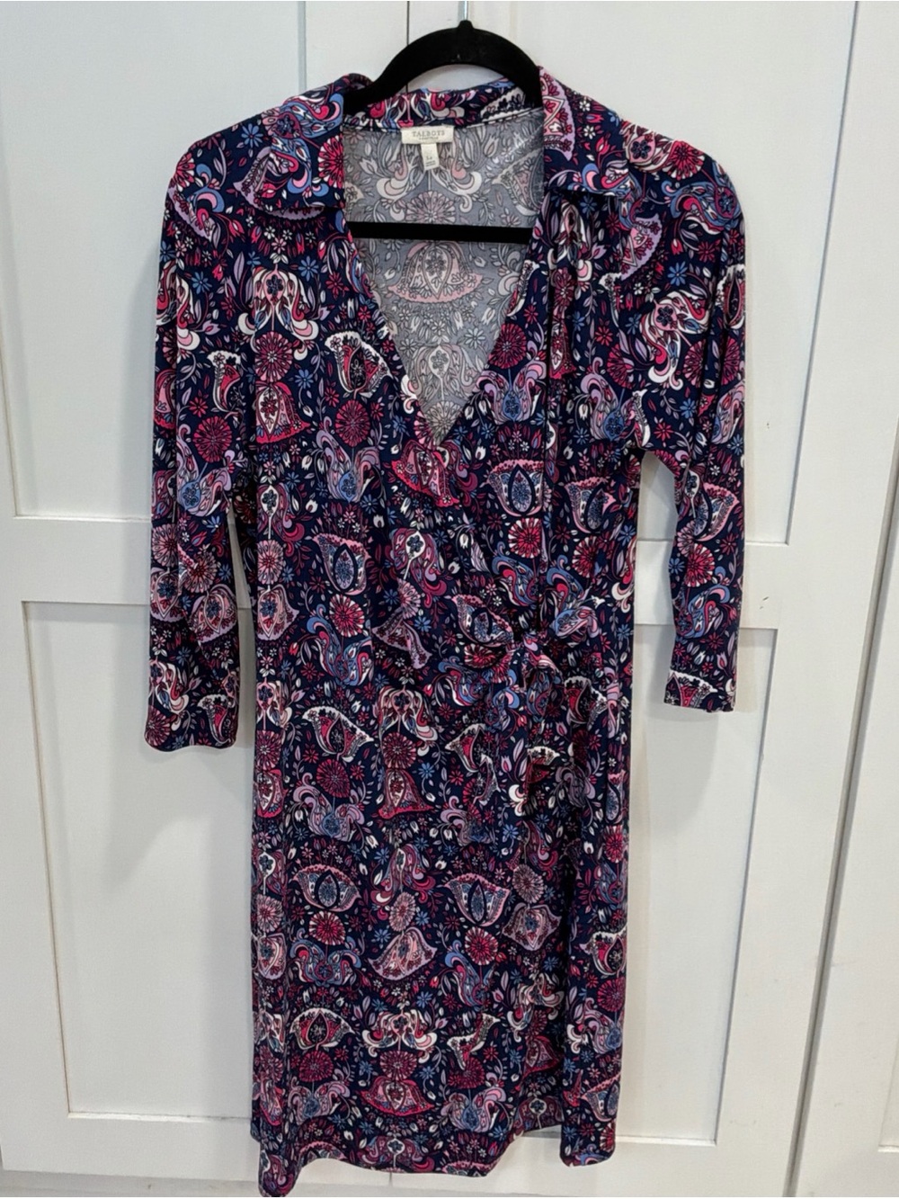 Talbots Women’s V Neck Blooming Paisley Wrap Tie Midi Dress Size L Petite